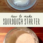 Ingredients for sourdough starter in a glass bowl, and a jar of bubbling mature sourdough starter.