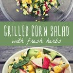 Grilled corn salad ingredients in a mixing bowl, and a grilled corn salad in a bowl on a wood table.