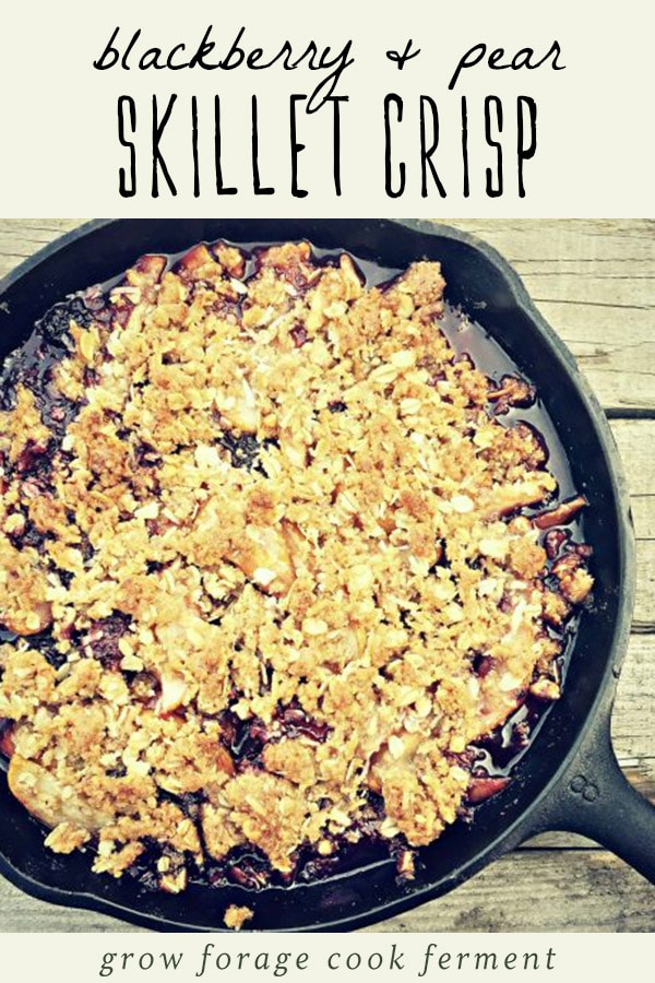 Pear and blackberry crisp baked in a cast iron skillet.