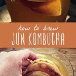 Jun kombucha brewing in a large glass jar, and a close-up view of a kombucha scoby.