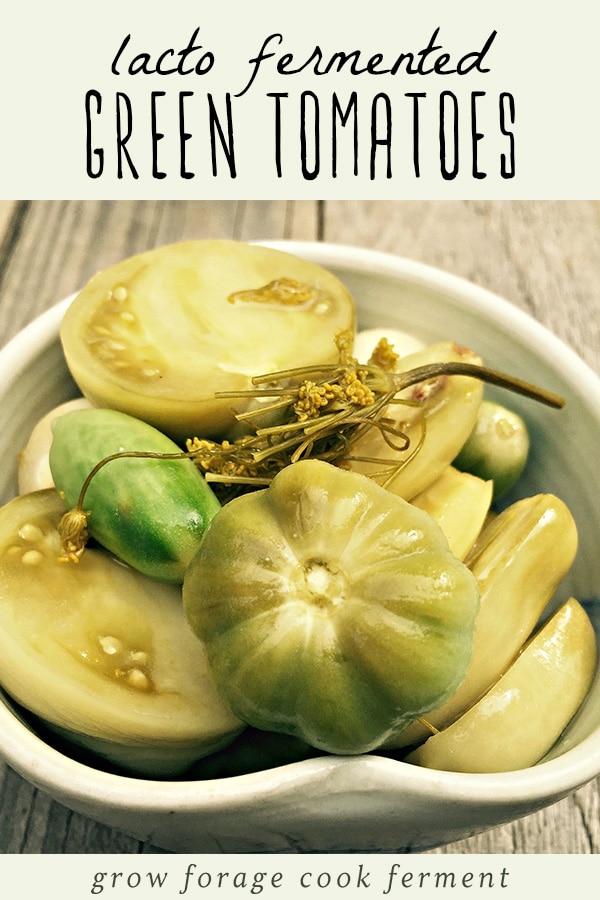 A bowl of lacto fermented green tomatoes.