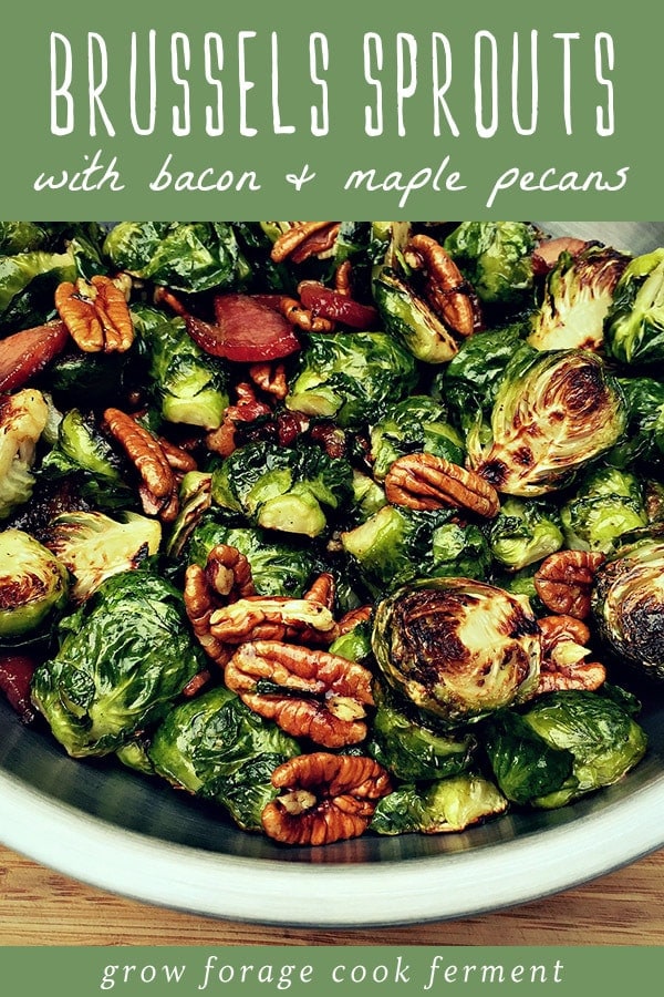 a bowl of roasted brussels sprouts with bacon and maple pecans