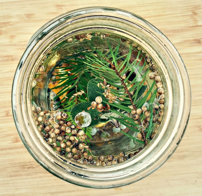 herbs and gin botanicals in vodka