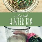 Homemade infused gin in a jar, and a glass of homemade gin with foraged winter herbs.