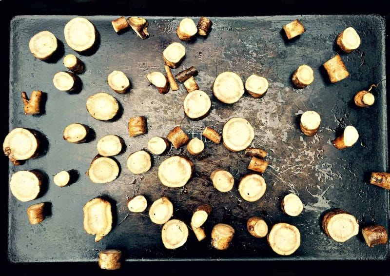 burdock root on sheet pan