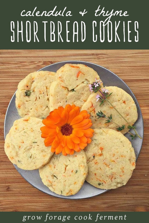 A plate of calendula and thyme shortbread cookies.