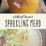 A jar of elderflower sparkling mead, and a glass of sparkling mead garnished with a fresh elderflower spring.