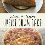 A whole plum and lavender upside down cake, and a slice of upside down plum cake with lavender whipped cream.