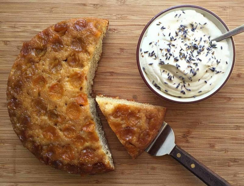 plum upside down cake lavender whipped cream