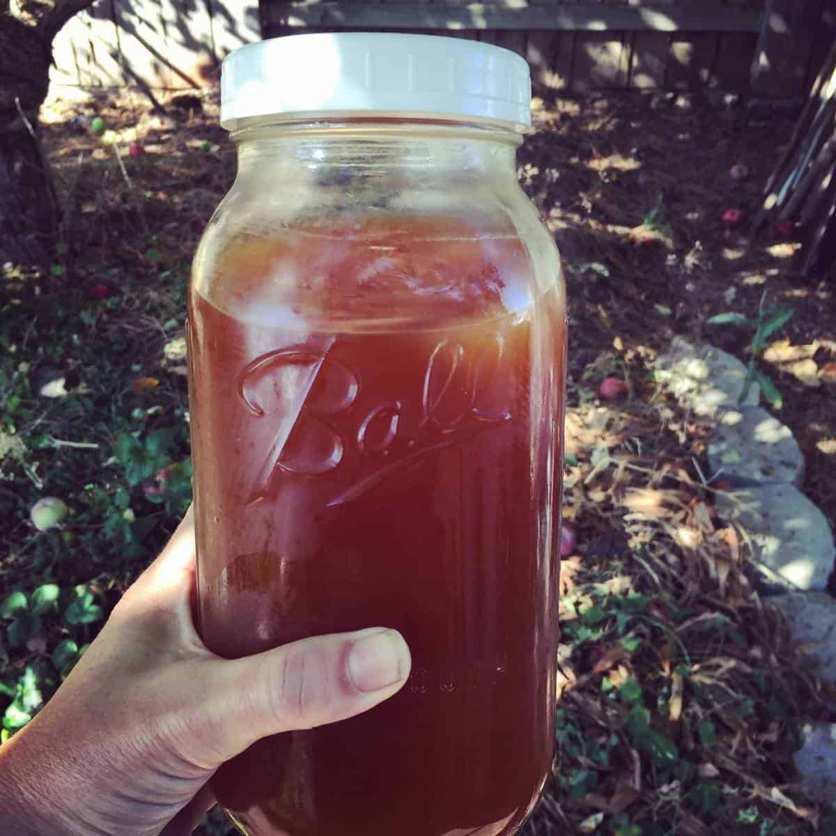 a hand holding apple juice in a jar jar