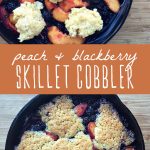 Peach and blackberry cobbler cooked in a cast iron skillet.