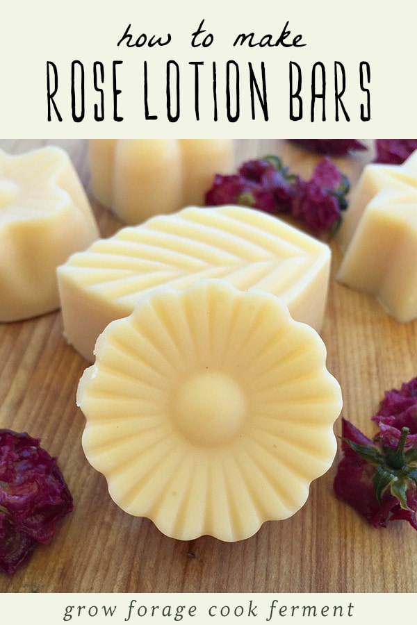 Homemade rose lotion bars on a wood background.