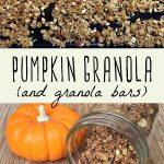 A baking sheet filled with pumpkin granola, and a jar filled with pumpkin granola on a wood cutting board.