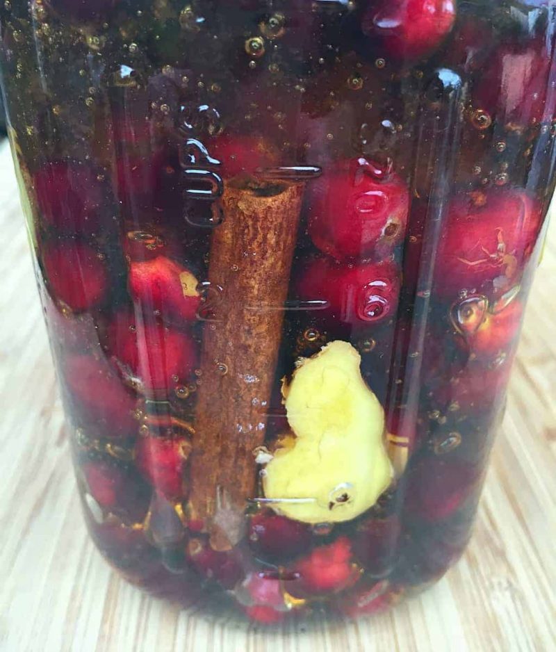 cranberries, cinnamon stick, and ginger in honey