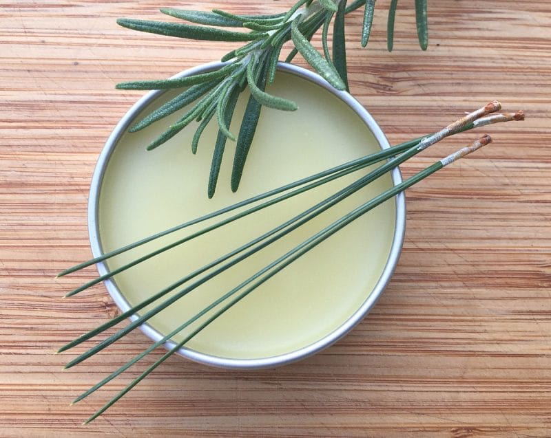 rosemary pine beard balm in a tin