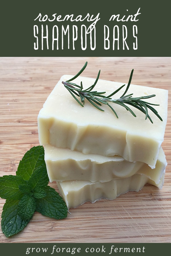 A stack of three homemade rosemary mint shampoo bars.