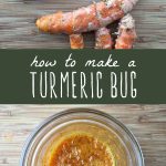 Fresh turmeric on a cutting board, and a fermented turmeric bug in a glass jar.