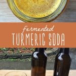 A jar of fermented turmeric soda, and glass of turmeric soda.