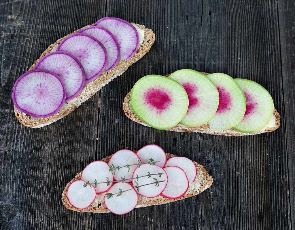 three open face radish tea sandwiches