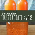 Two bottles of fermented sweet potato kvass and a mason jar of sweet potato being fermented.