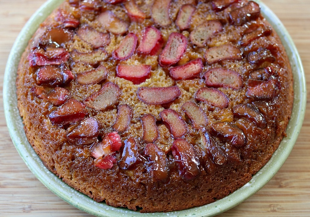 rhubarb upside down cake on a plate