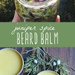 A jar of juniper infused oil and a tin of juniper spiced beard balm.