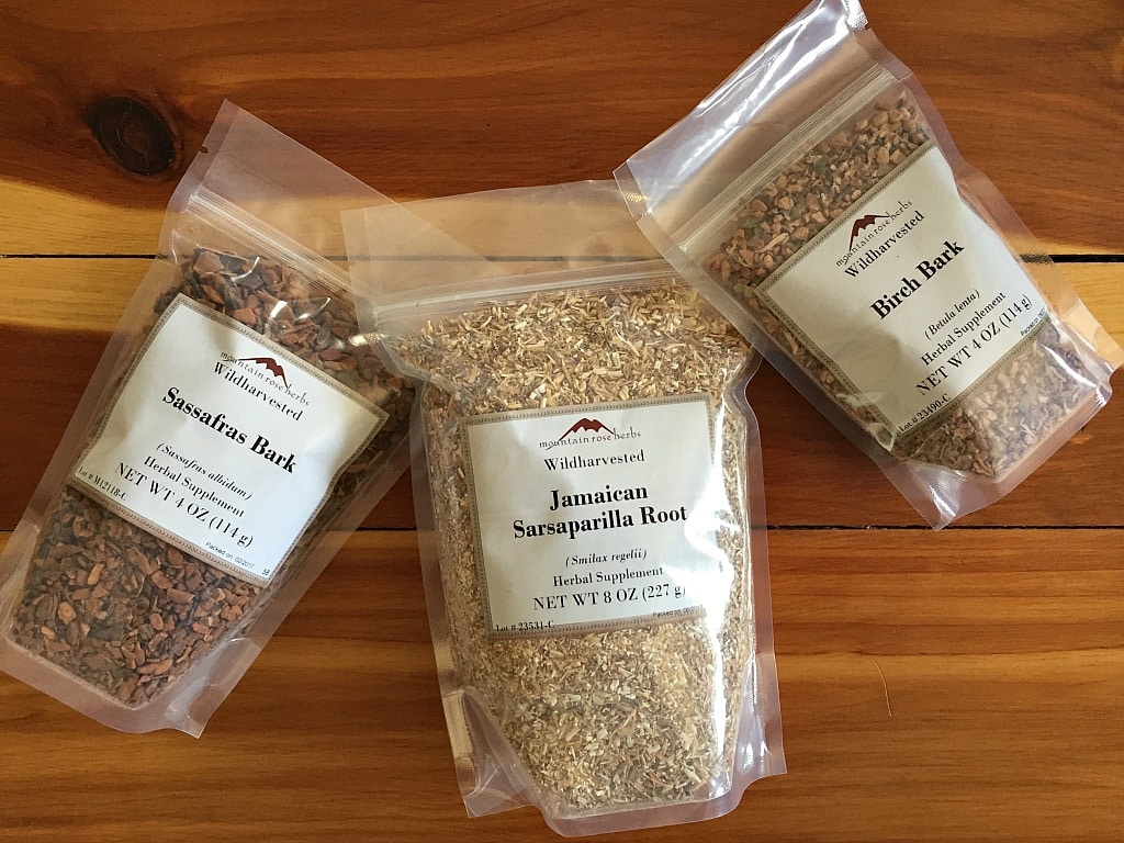 bags of sassafras bark, sarsaparilla root, and birch bark from mountain rose herbs