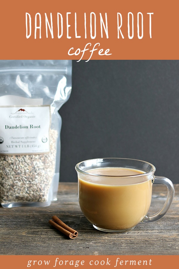 A bag of dried dandelion root and a glass of roasted dandelion root coffee.
