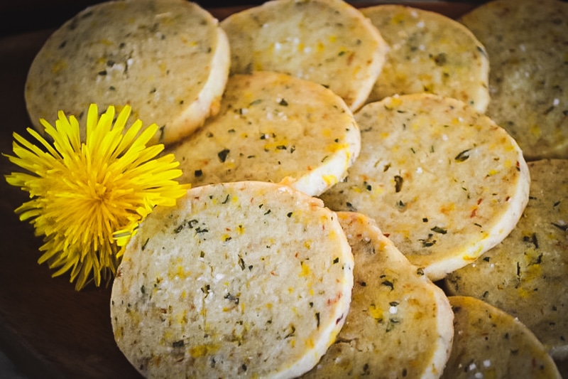dandelion and rosemary shortbread cookies with a dandelion flower