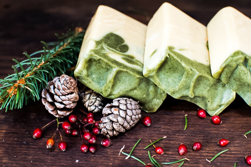 three bars of pine soap stacked