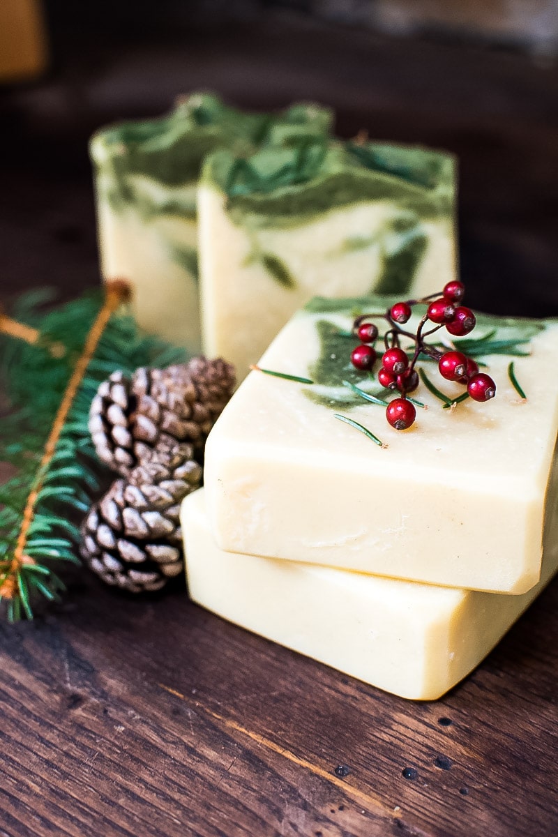 pine soap decorated with red berries