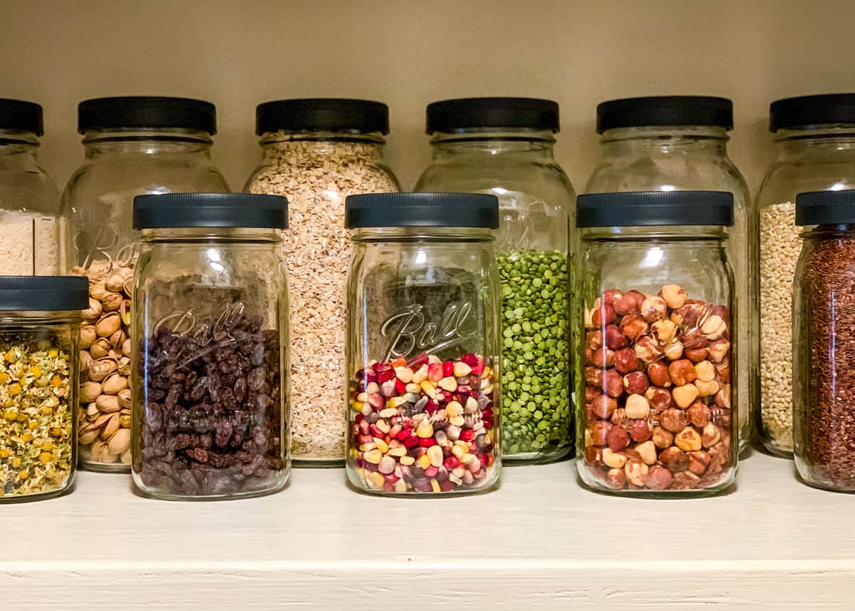mason jars on a pantry shelf