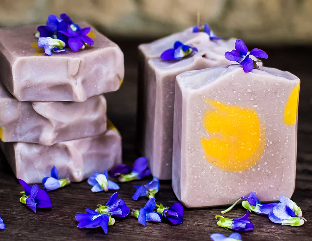 beautiful purple wild violet soap with a yellow center