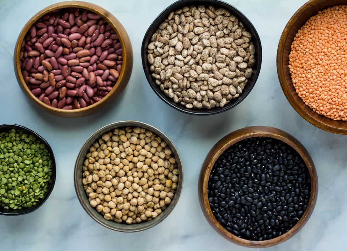 bowls of different colored dried beans