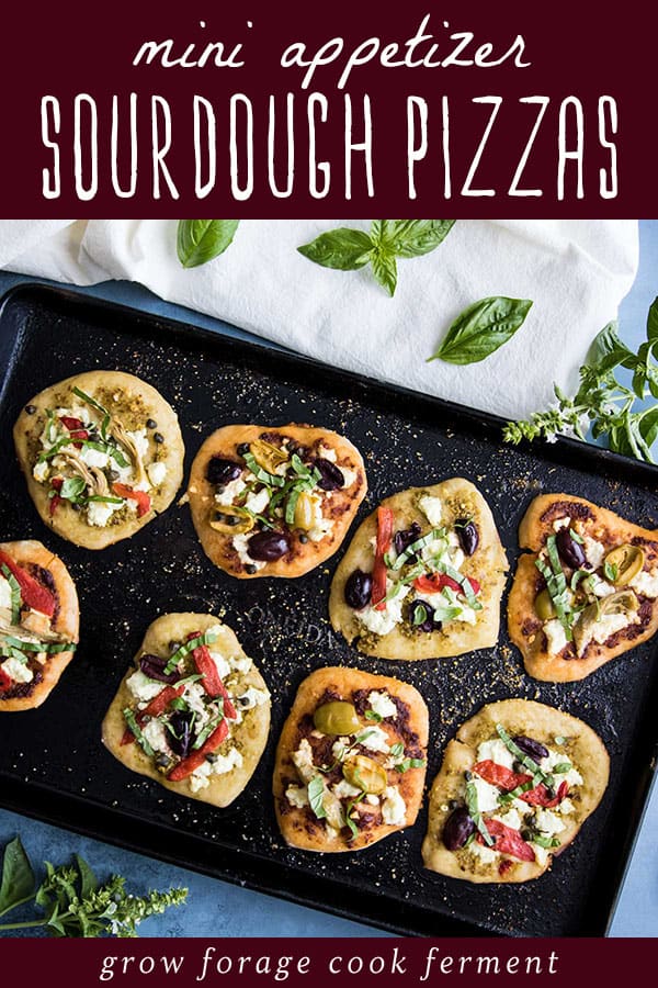 cooked mini appetizer sourdough pizzas on a sheet pan