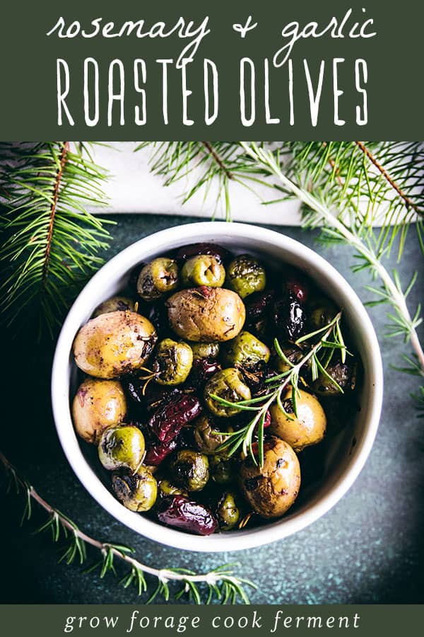 a bowl filled with rosemary roasted olives