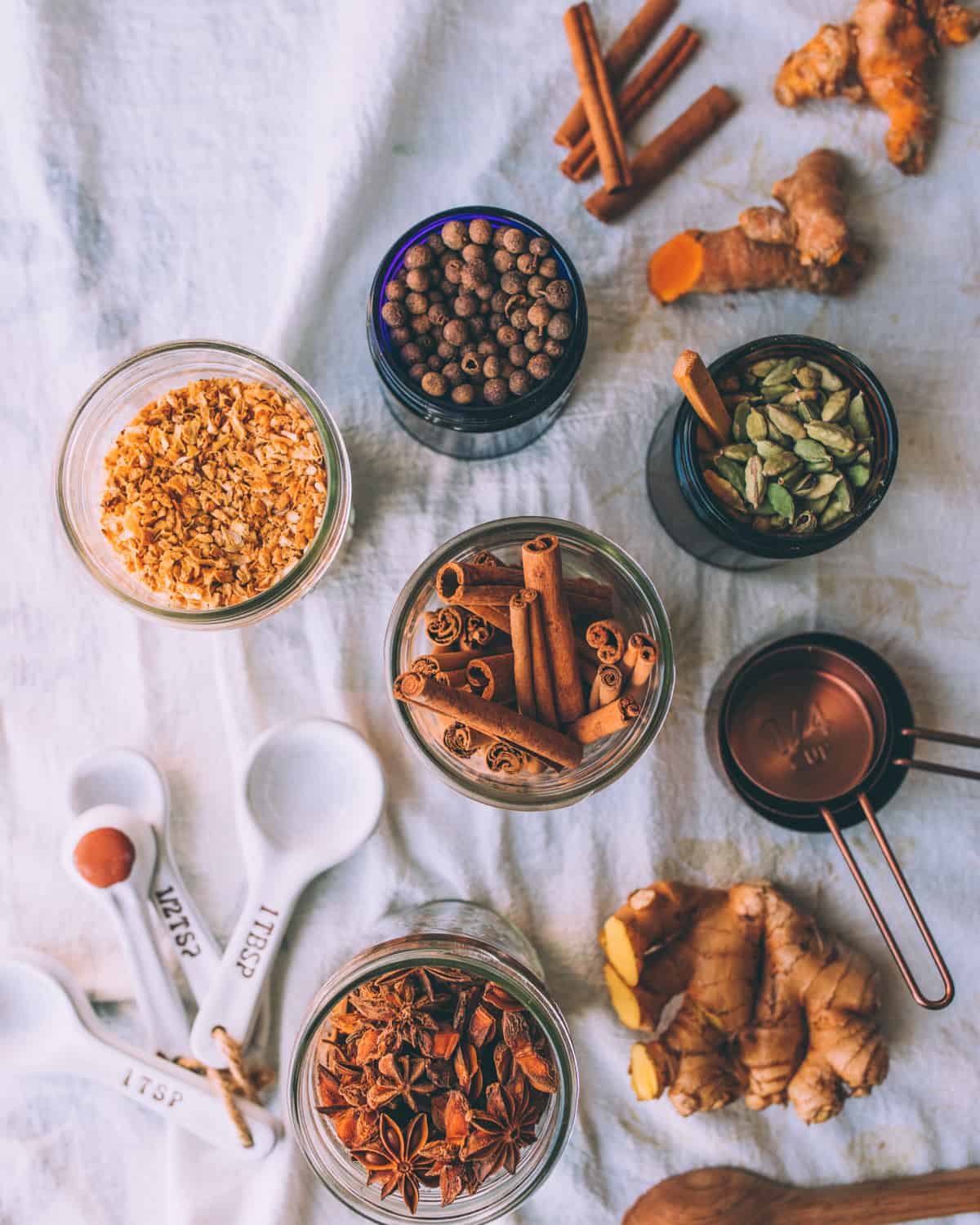 jars of various spices for making chai