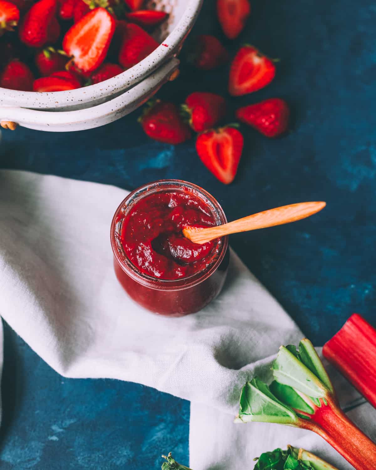 top view of a jar of strawberry rhubarb butter