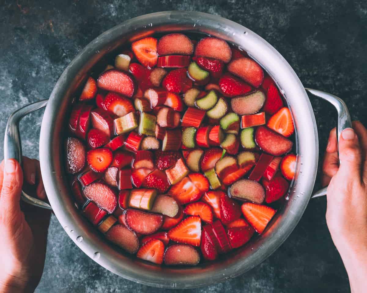 woman's hands holding a pot with strawberries and rhubarb