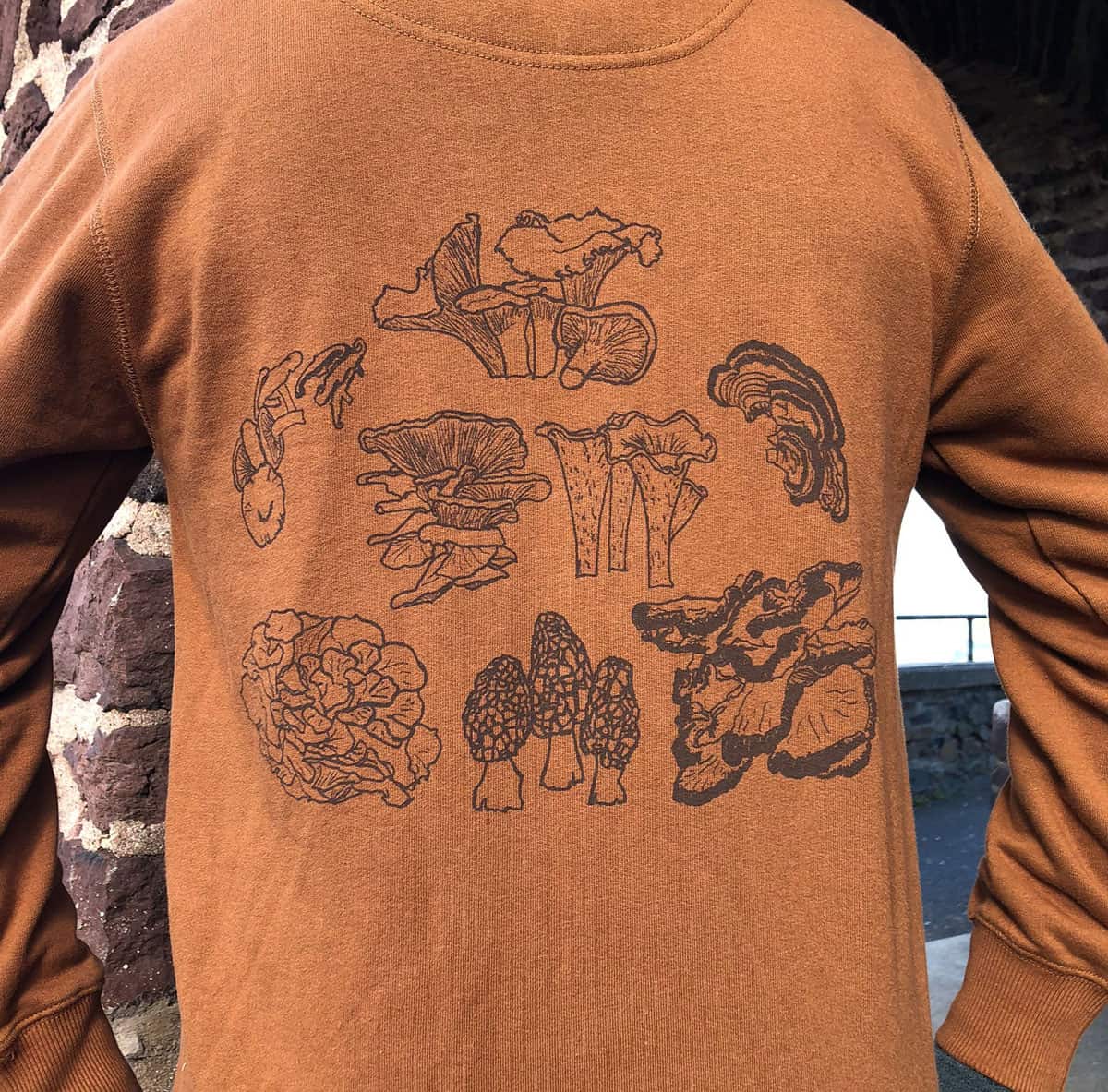 a dark orange hoodie with various wild mushrooms printed on it