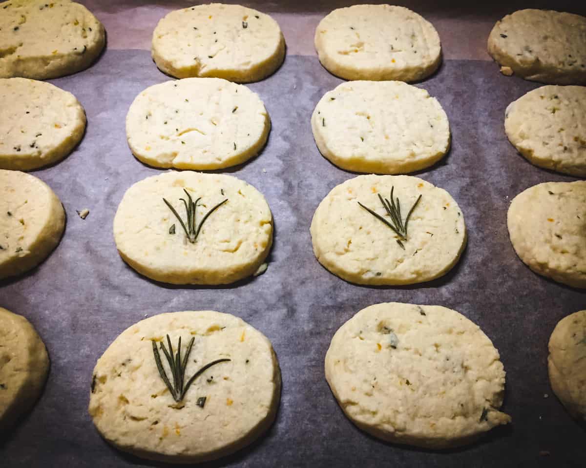 shortbread cookies on a baking sheet fresh from the oven